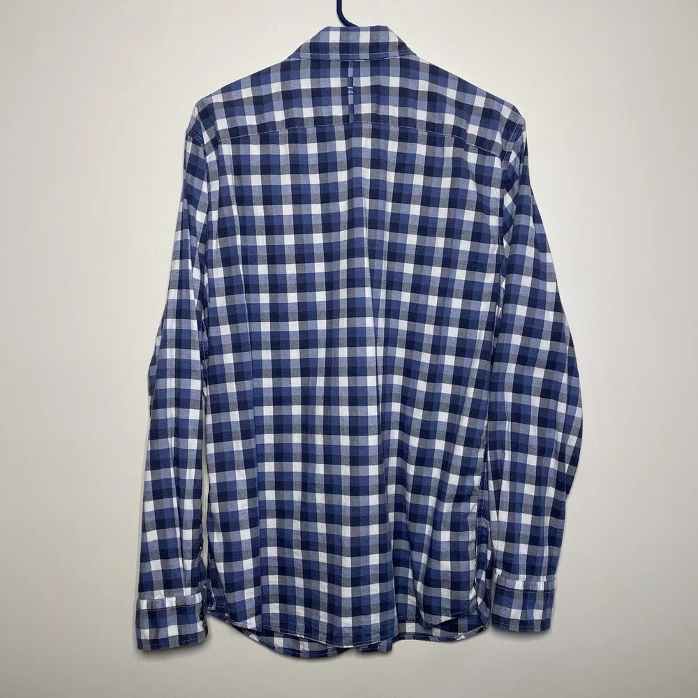 Banana Republic Luxe‎ Flannel Slim Fit Mens Large Check Button Down Blue White